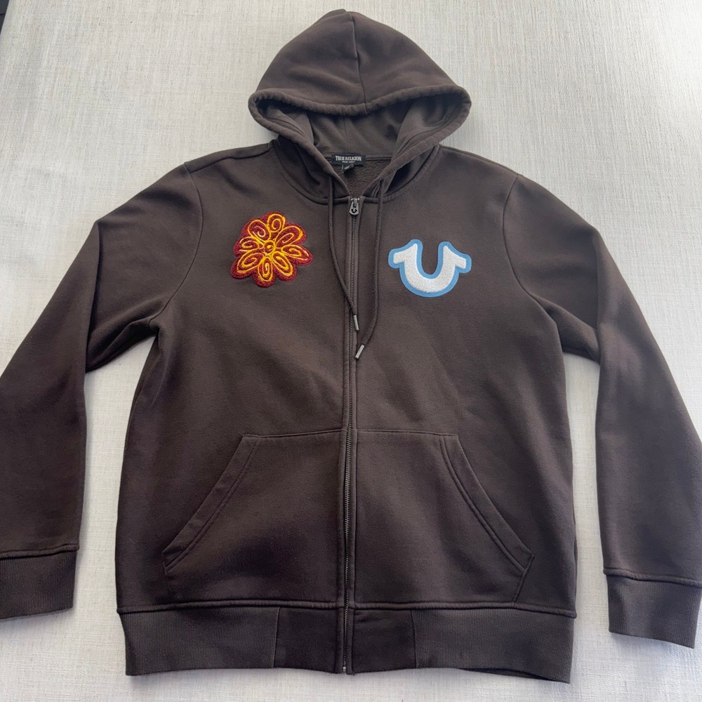 True Religion True Flower EST 02 World Tour Brown Zip Y2K Hoodie Chenille Size L